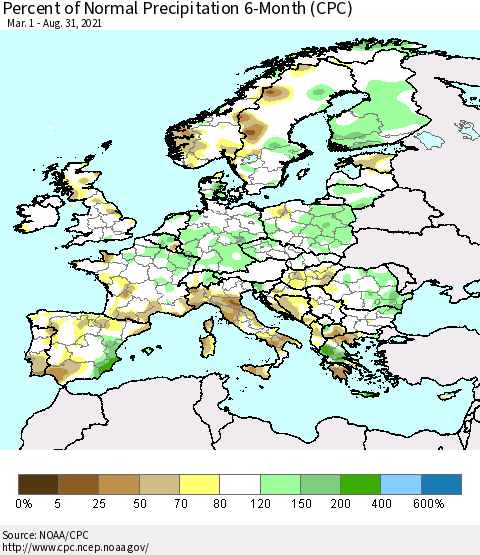 Europe Percent of Normal Precipitation 6-Month (CPC) Thematic Map For 3/1/2021 - 8/31/2021