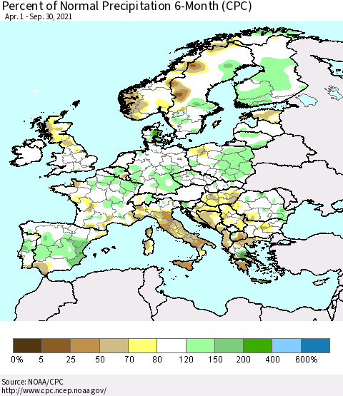 Europe Percent of Normal Precipitation 6-Month (CPC) Thematic Map For 4/1/2021 - 9/30/2021