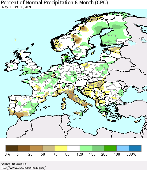 Europe Percent of Normal Precipitation 6-Month (CPC) Thematic Map For 5/1/2021 - 10/31/2021