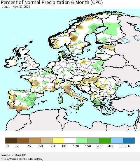 Europe Percent of Normal Precipitation 6-Month (CPC) Thematic Map For 6/1/2021 - 11/30/2021