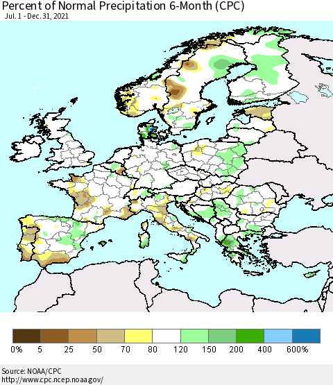 Europe Percent of Normal Precipitation 6-Month (CPC) Thematic Map For 7/1/2021 - 12/31/2021