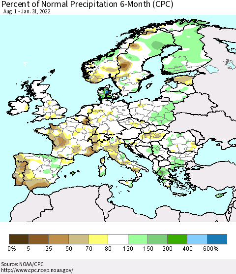 Europe Percent of Normal Precipitation 6-Month (CPC) Thematic Map For 8/1/2021 - 1/31/2022