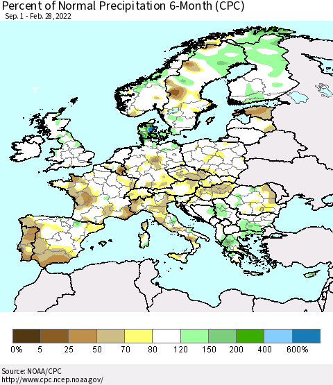 Europe Percent of Normal Precipitation 6-Month (CPC) Thematic Map For 9/1/2021 - 2/28/2022