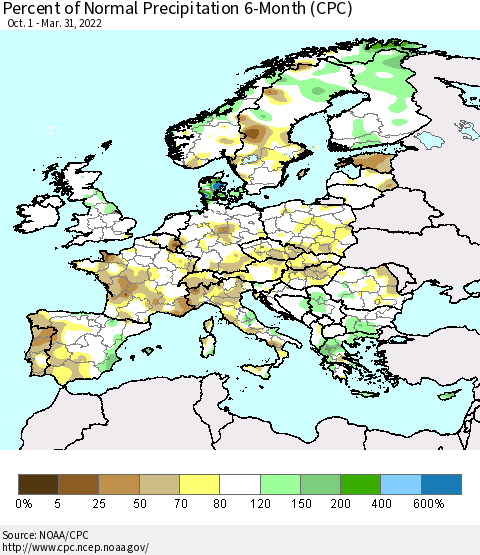 Europe Percent of Normal Precipitation 6-Month (CPC) Thematic Map For 10/1/2021 - 3/31/2022