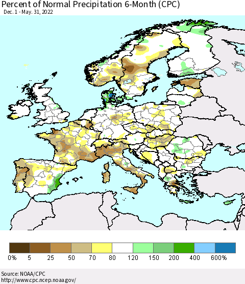 Europe Percent of Normal Precipitation 6-Month (CPC) Thematic Map For 12/1/2021 - 5/31/2022