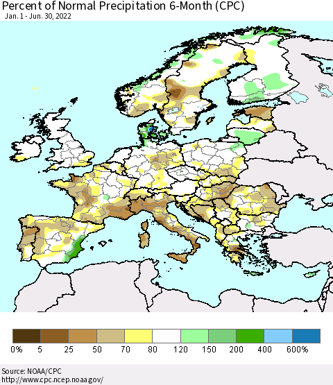 Europe Percent of Normal Precipitation 6-Month (CPC) Thematic Map For 1/1/2022 - 6/30/2022