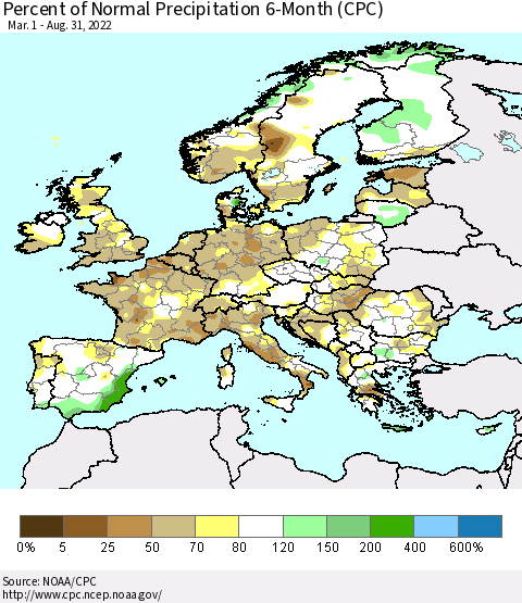 Europe Percent of Normal Precipitation 6-Month (CPC) Thematic Map For 3/1/2022 - 8/31/2022