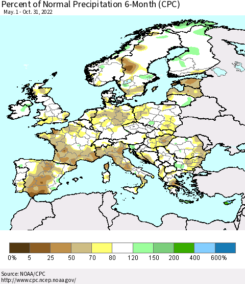 Europe Percent of Normal Precipitation 6-Month (CPC) Thematic Map For 5/1/2022 - 10/31/2022
