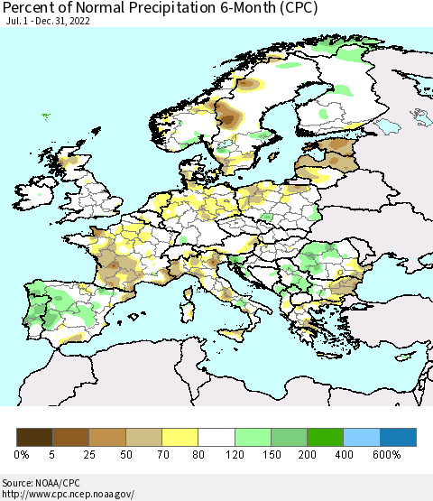 Europe Percent of Normal Precipitation 6-Month (CPC) Thematic Map For 7/1/2022 - 12/31/2022