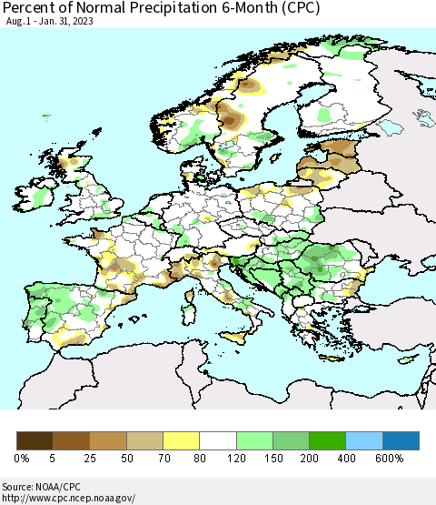 Europe Percent of Normal Precipitation 6-Month (CPC) Thematic Map For 8/1/2022 - 1/31/2023