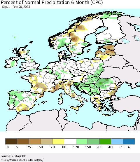 Europe Percent of Normal Precipitation 6-Month (CPC) Thematic Map For 9/1/2022 - 2/28/2023