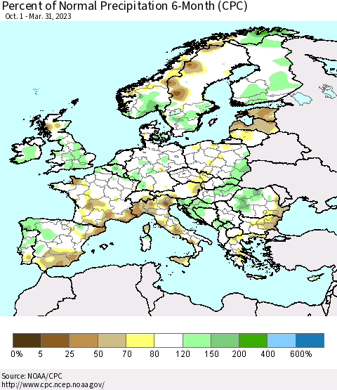 Europe Percent of Normal Precipitation 6-Month (CPC) Thematic Map For 10/1/2022 - 3/31/2023