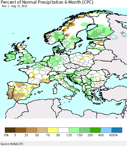 Europe Percent of Normal Precipitation 6-Month (CPC) Thematic Map For 3/1/2023 - 8/31/2023