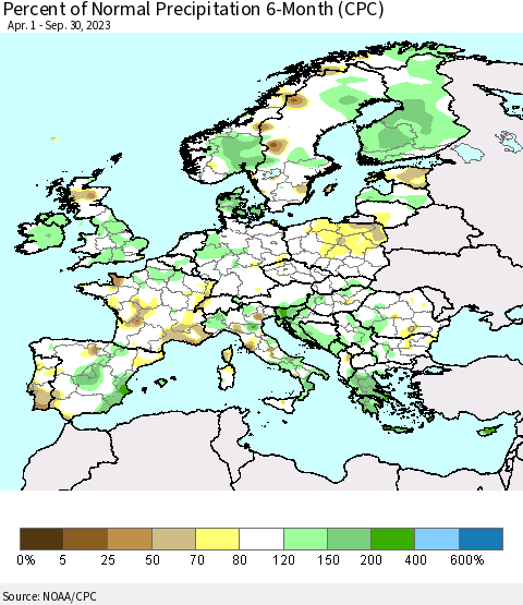 Europe Percent of Normal Precipitation 6-Month (CPC) Thematic Map For 4/1/2023 - 9/30/2023