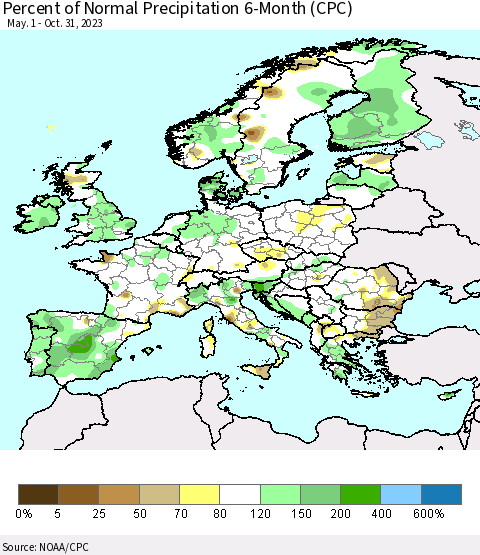 Europe Percent of Normal Precipitation 6-Month (CPC) Thematic Map For 5/1/2023 - 10/31/2023