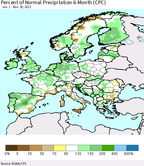 Europe Percent of Normal Precipitation 6-Month (CPC) Thematic Map For 6/1/2023 - 11/30/2023