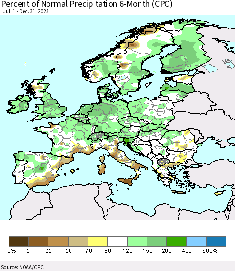 Europe Percent of Normal Precipitation 6-Month (CPC) Thematic Map For 7/1/2023 - 12/31/2023