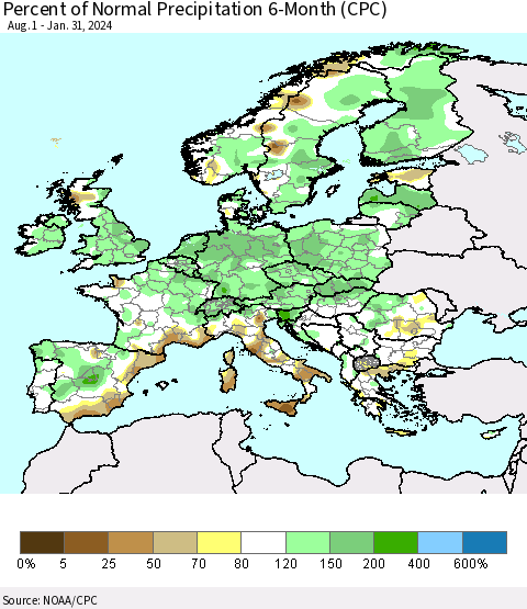 Europe Percent of Normal Precipitation 6-Month (CPC) Thematic Map For 8/1/2023 - 1/31/2024