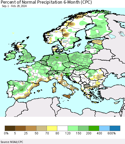 Europe Percent of Normal Precipitation 6-Month (CPC) Thematic Map For 9/1/2023 - 2/29/2024