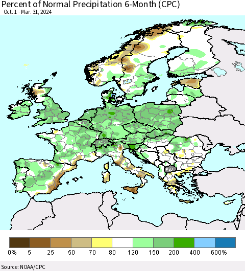 Europe Percent of Normal Precipitation 6-Month (CPC) Thematic Map For 10/1/2023 - 3/31/2024