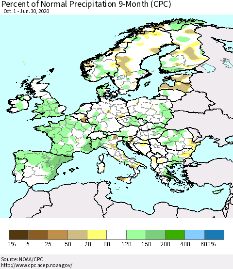 Europe Percent of Normal Precipitation 9-Month (CPC) Thematic Map For 10/1/2019 - 6/30/2020
