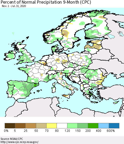 Europe Percent of Normal Precipitation 9-Month (CPC) Thematic Map For 11/1/2019 - 7/31/2020