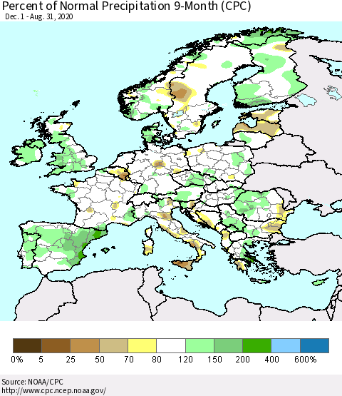 Europe Percent of Normal Precipitation 9-Month (CPC) Thematic Map For 12/1/2019 - 8/31/2020