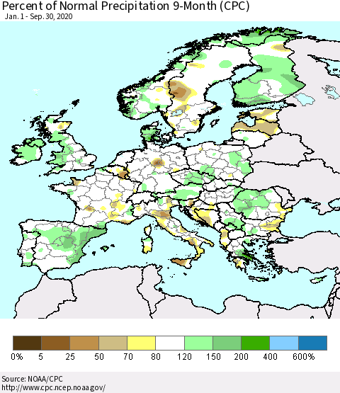 Europe Percent of Normal Precipitation 9-Month (CPC) Thematic Map For 1/1/2020 - 9/30/2020