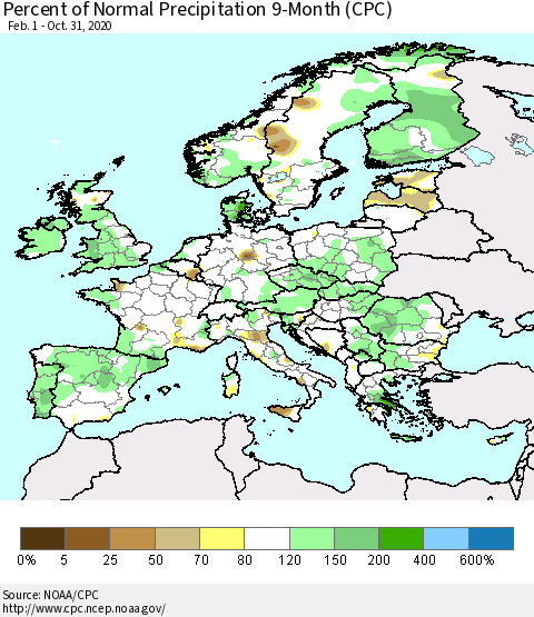 Europe Percent of Normal Precipitation 9-Month (CPC) Thematic Map For 2/1/2020 - 10/31/2020