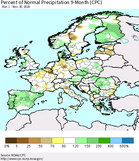 Europe Percent of Normal Precipitation 9-Month (CPC) Thematic Map For 3/1/2020 - 11/30/2020