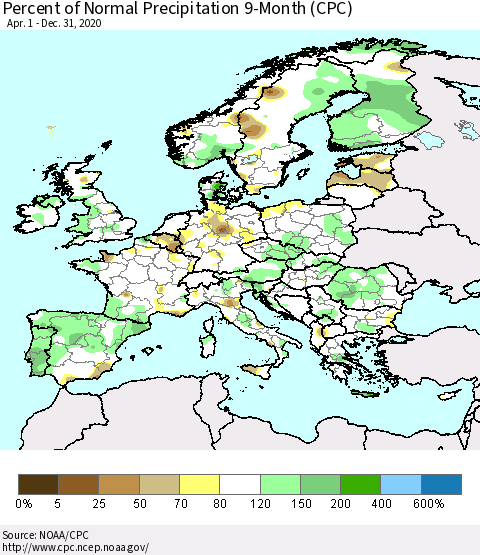 Europe Percent of Normal Precipitation 9-Month (CPC) Thematic Map For 4/1/2020 - 12/31/2020