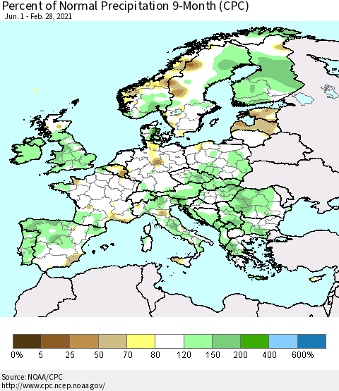 Europe Percent of Normal Precipitation 9-Month (CPC) Thematic Map For 6/1/2020 - 2/28/2021