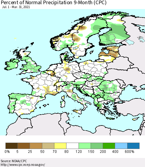 Europe Percent of Normal Precipitation 9-Month (CPC) Thematic Map For 7/1/2020 - 3/31/2021