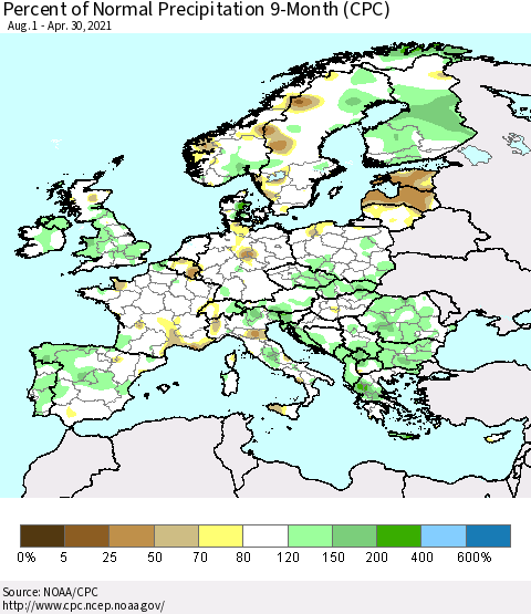 Europe Percent of Normal Precipitation 9-Month (CPC) Thematic Map For 8/1/2020 - 4/30/2021