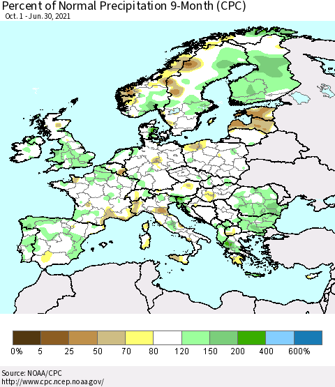 Europe Percent of Normal Precipitation 9-Month (CPC) Thematic Map For 10/1/2020 - 6/30/2021