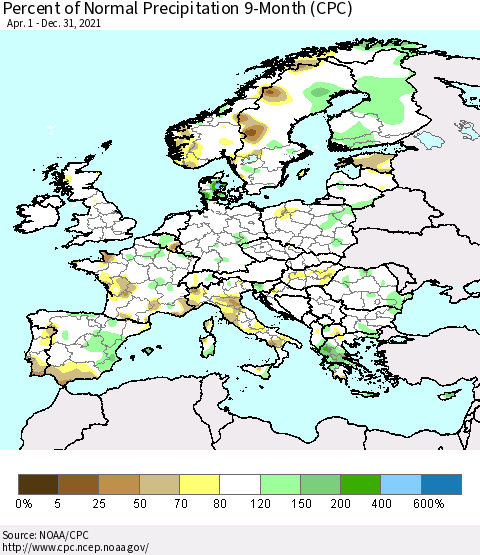 Europe Percent of Normal Precipitation 9-Month (CPC) Thematic Map For 4/1/2021 - 12/31/2021