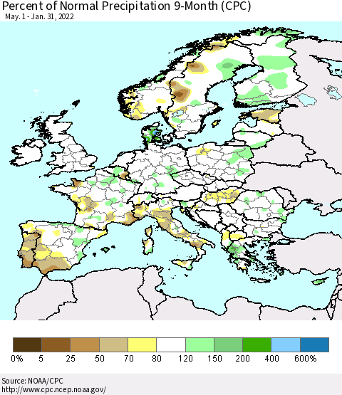 Europe Percent of Normal Precipitation 9-Month (CPC) Thematic Map For 5/1/2021 - 1/31/2022