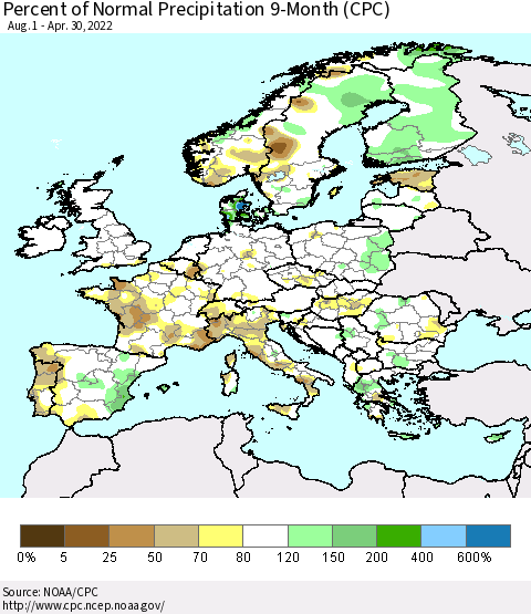 Europe Percent of Normal Precipitation 9-Month (CPC) Thematic Map For 8/1/2021 - 4/30/2022