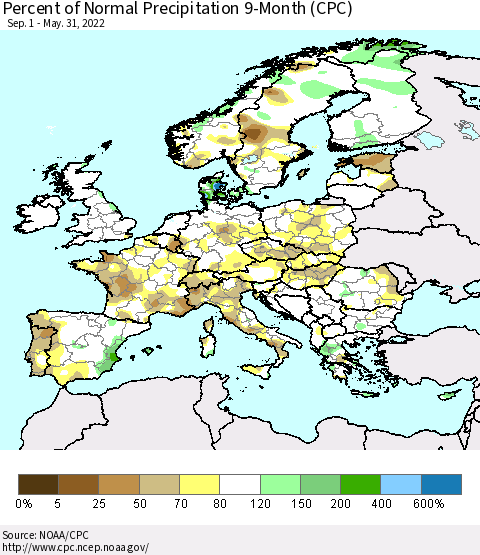 Europe Percent of Normal Precipitation 9-Month (CPC) Thematic Map For 9/1/2021 - 5/31/2022