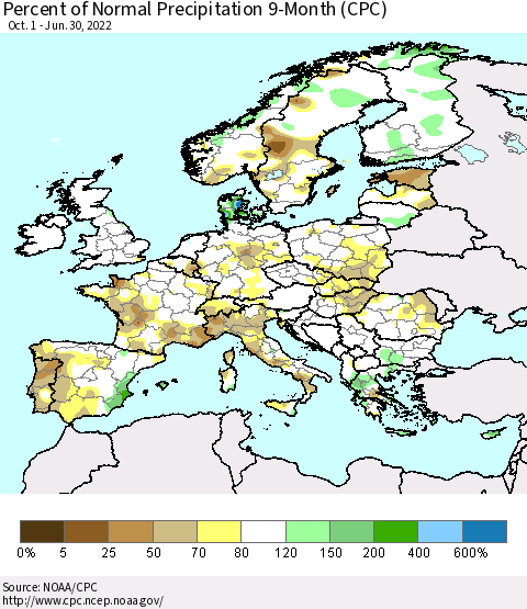 Europe Percent of Normal Precipitation 9-Month (CPC) Thematic Map For 10/1/2021 - 6/30/2022