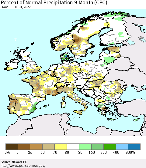 Europe Percent of Normal Precipitation 9-Month (CPC) Thematic Map For 11/1/2021 - 7/31/2022