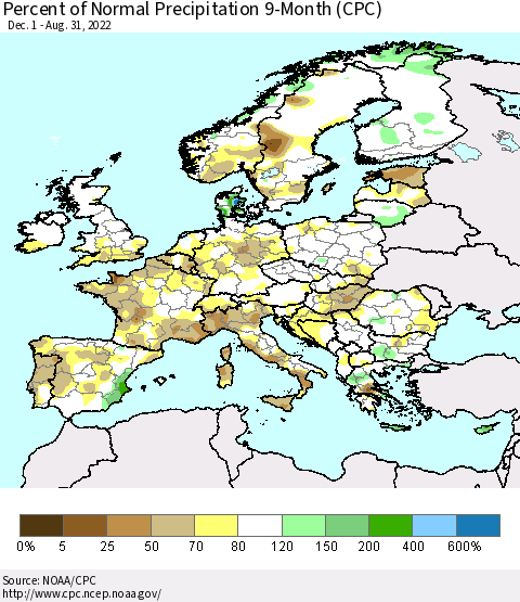 Europe Percent of Normal Precipitation 9-Month (CPC) Thematic Map For 12/1/2021 - 8/31/2022