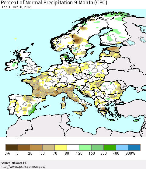 Europe Percent of Normal Precipitation 9-Month (CPC) Thematic Map For 2/1/2022 - 10/31/2022