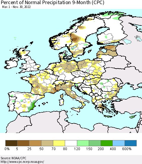 Europe Percent of Normal Precipitation 9-Month (CPC) Thematic Map For 3/1/2022 - 11/30/2022