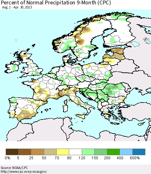 Europe Percent of Normal Precipitation 9-Month (CPC) Thematic Map For 8/1/2022 - 4/30/2023