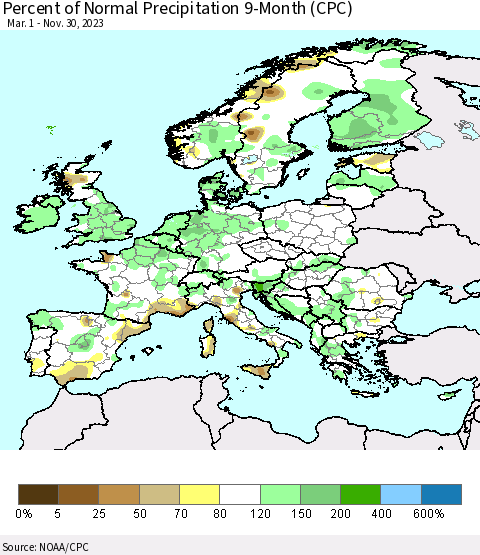 Europe Percent of Normal Precipitation 9-Month (CPC) Thematic Map For 3/1/2023 - 11/30/2023
