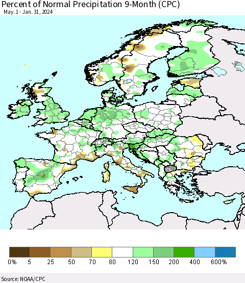 Europe Percent of Normal Precipitation 9-Month (CPC) Thematic Map For 5/1/2023 - 1/31/2024