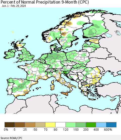 Europe Percent of Normal Precipitation 9-Month (CPC) Thematic Map For 6/1/2023 - 2/29/2024