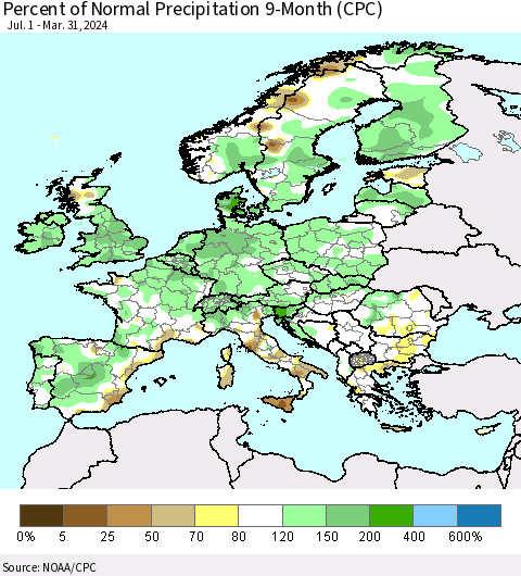 Europe Percent of Normal Precipitation 9-Month (CPC) Thematic Map For 7/1/2023 - 3/31/2024