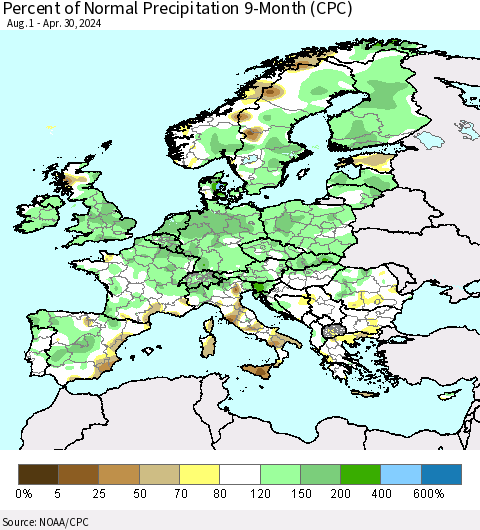 Europe Percent of Normal Precipitation 9-Month (CPC) Thematic Map For 8/1/2023 - 4/30/2024